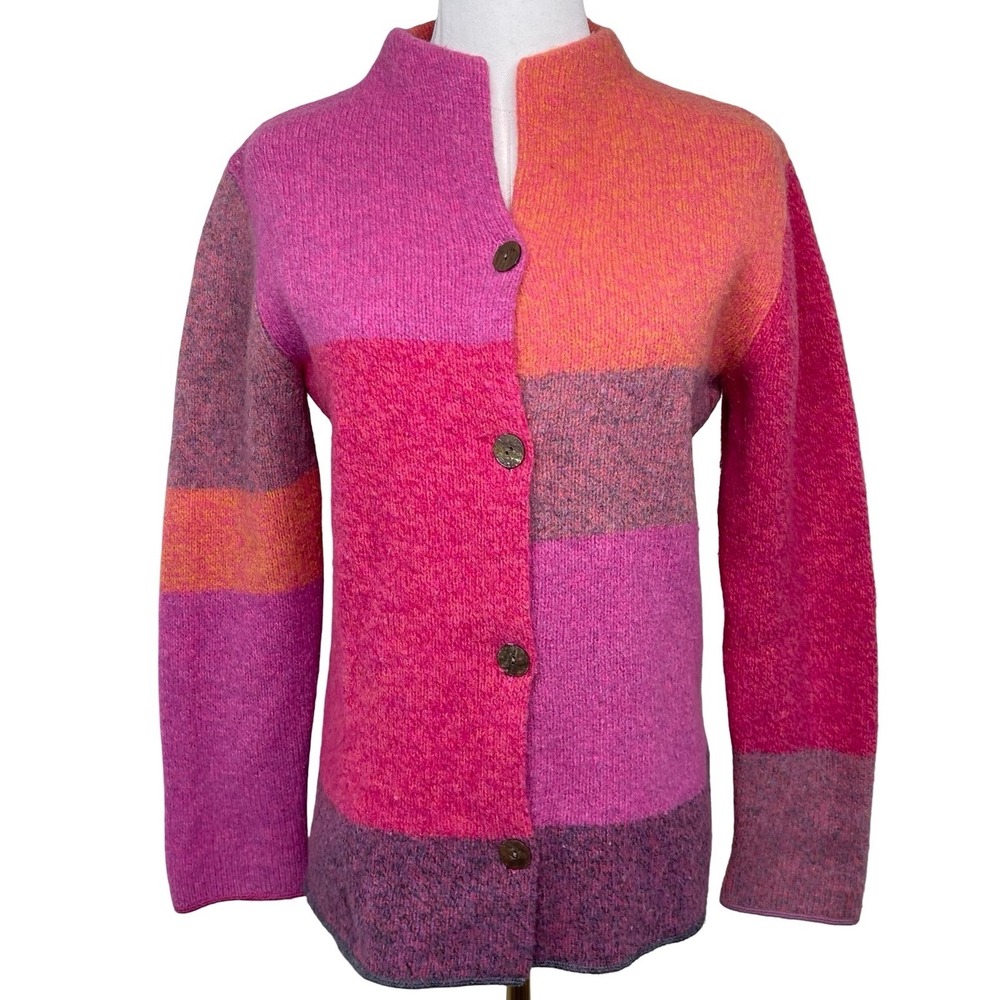 Vintage Sigrid Olsen Cardigan Sweater Women M Pink Colorblock Wool Mock Neck